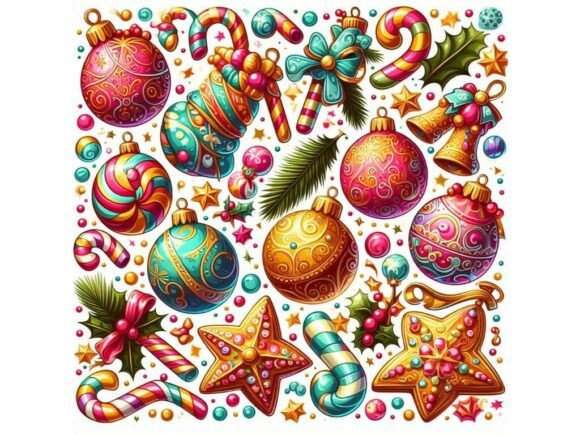 Bright Christmas Ornaments and Candy Pat Illustrations