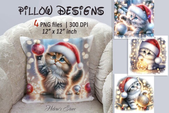 Christmas Cute Cats Pillow Case Designs Illustrations