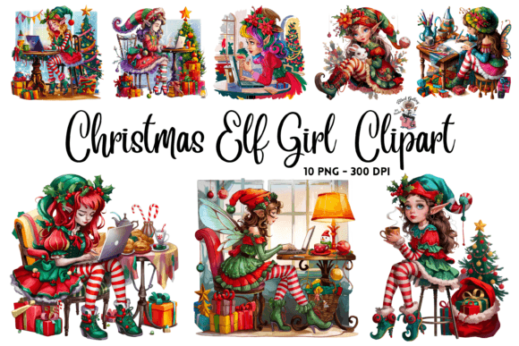 Christmas Elf Girl PNG Clipart Bundle for Illustrations