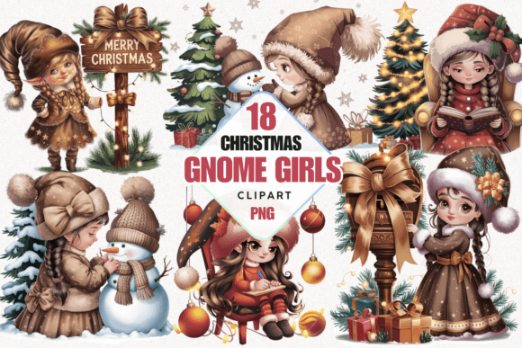 Christmas Gnome Pretty Girls Clipart in Illustrations