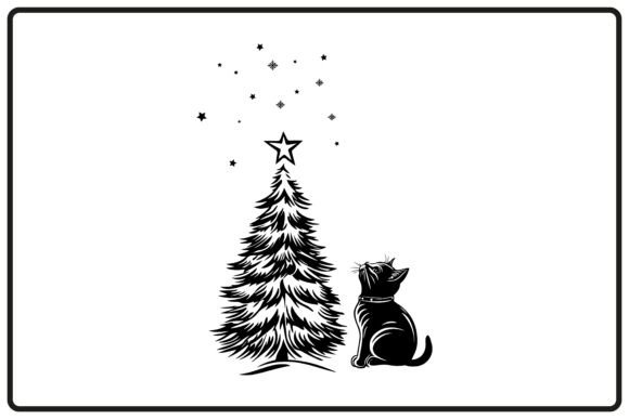 Christmas Tree Under Cat Silhouette for Brand Illustrations