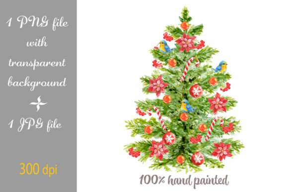 Christmas Tree Watercolor Poinsettia PNG for Illustrations