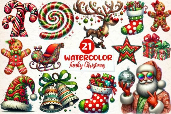 Funky Christmas Watercolor Clipart for Embroidery