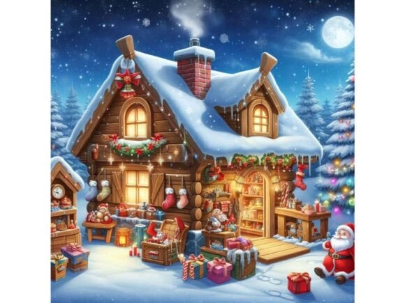 Santa's Workshop in a Snowy Christmas Se and Illustrations