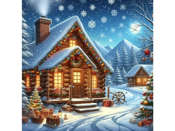 Snowy Christmas Scene with a Wooden Cabi Illustrations