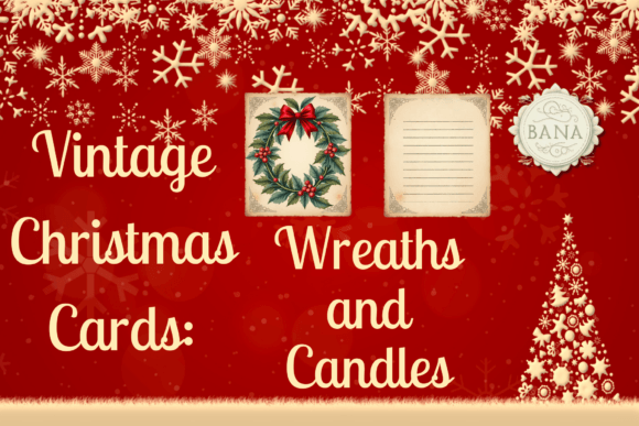 Vintage Christmas Cards Wreaths Candles Illustrations