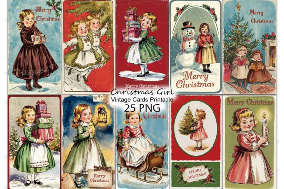 Vintage Christmas Girl Cards Printable for Illustrations