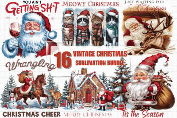 Vintage Christmas Sublimation Bundle Png for Illustrations