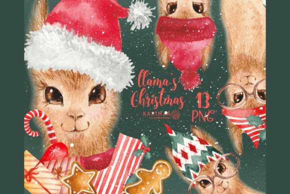 Watercolor Christmas Llama PNG Clipart for Modern Illustrations