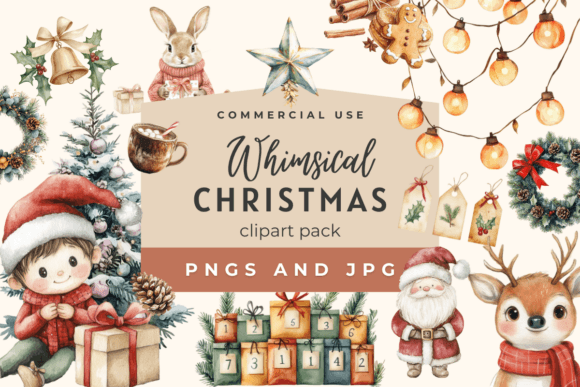 Whimsical Christmas Watercolor Clipart for Illustrations